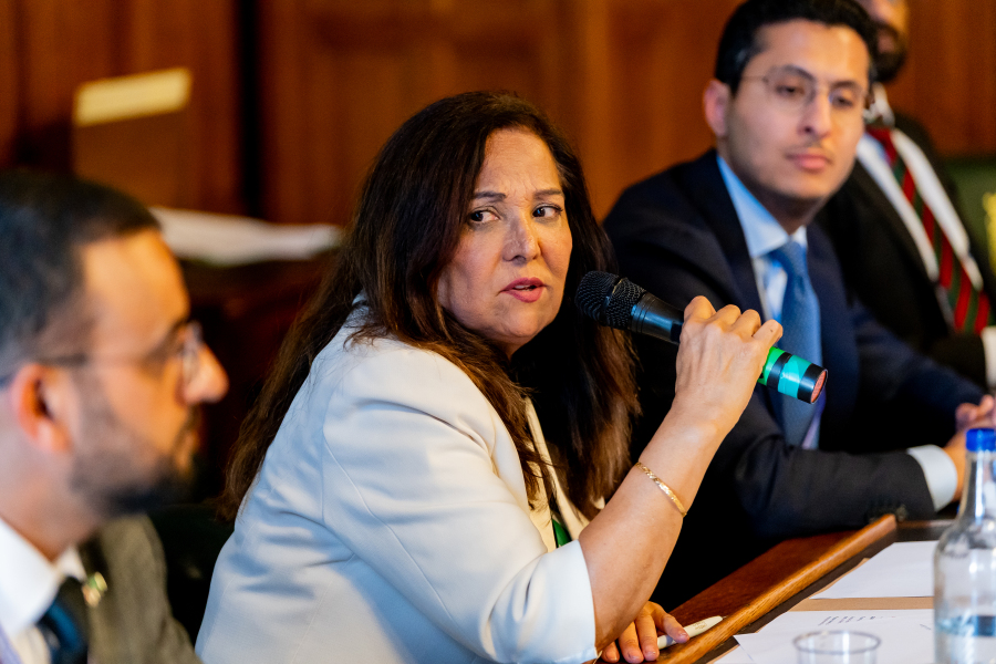 Yasmin Qureshi MP speaks into a handheld microphone during a parliamentary panel discussion, seated alongside fellow speakers in a wood-panelled committee room.